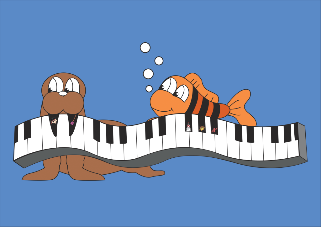 Morsa y pez con piano